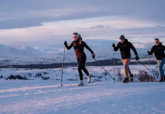 Drei Personen üben die nordische Disziplin Langlaufen aus