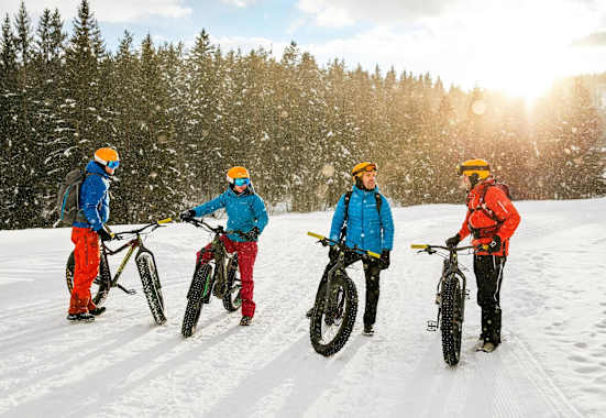 Die Fatbike-Gruppe bei strahlendem Sonneschein im Schnee.