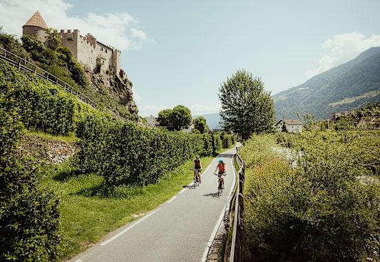Zwei Frauen fahren mit dem Fahrrad im Frühling durch die grünen Wälder von Südtirol.