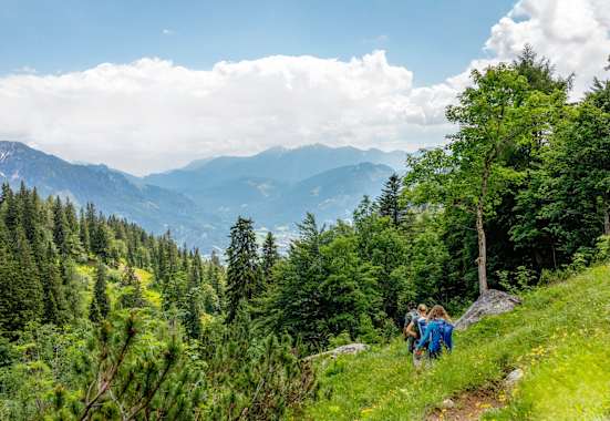 Bergsteiger auf einem Wanderweg im Wald.