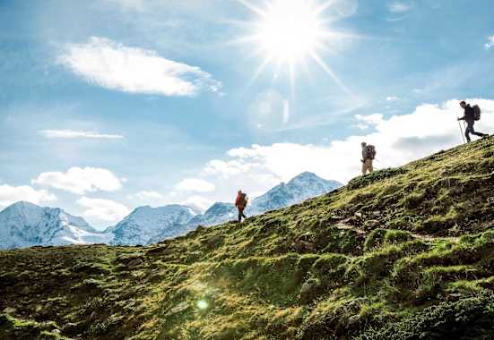 Wanderer auf weiten Almen mit Blick auf den Ortler