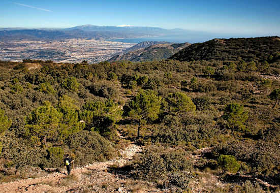 Blick vom Gebirge der Sierra de Mijas über Málaga in Andalusien