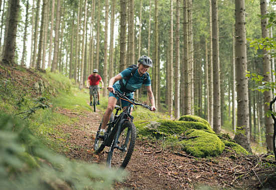 Mountainbiker auf einem naturbelassenen Trail im Wald im Mühlviertel, Oberösterreich – Biken inmitten von Bäumen und grüner Natur.