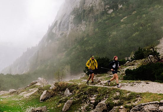 Zwei Läufer im Wald nahe eines Tals im Nebel.