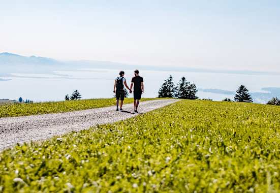 Ein Mann und eine Frau gehen Hand in Hand einen Wanderweg in Scheidegg entlang.
