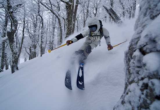Freerider im Tiefschnee zwischen winterlichen Bäumen.