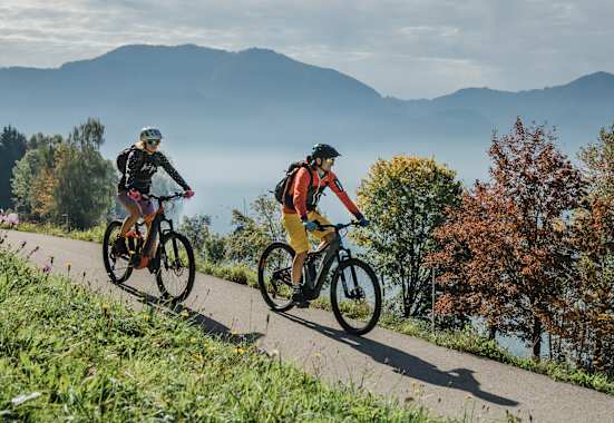 Zwei Radfahrer auf einer Straße in Oberösterreich, im Hintergrund Berge und buntgefärbte Bäume.