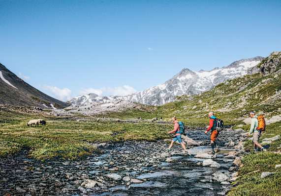 Drei Wanderer gehen über einen Bachlauf.