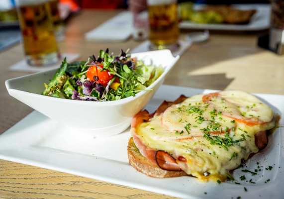 Ein belegtes Brot dazu wird Salat serviert