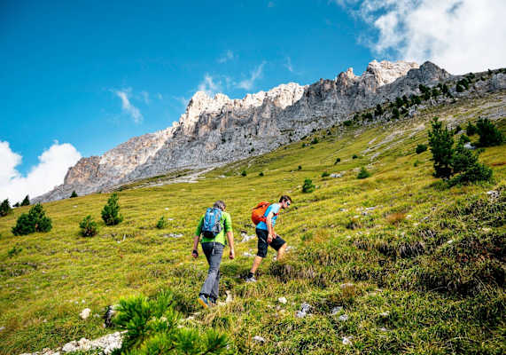 Wanderer steigen über saftige Wiesen auf zu den schroffen Felsen