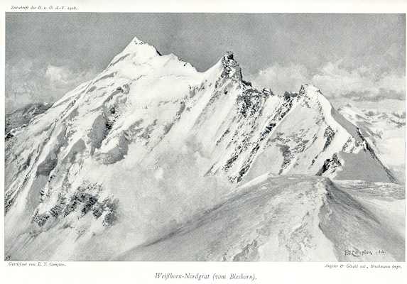 Das Weisshorn (Nordgrat) in einer Zeichnung von E.T. Compton (1908)