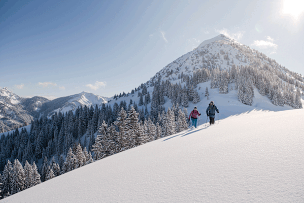 Schneeschuwandern im Tal, das sich quergestellt hat und dem Lauf der Sonne folgt