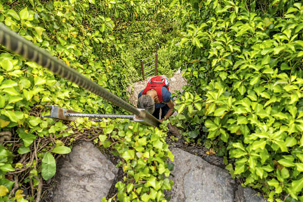 Frau auf einer Leiter am Calmont-Klettersteig