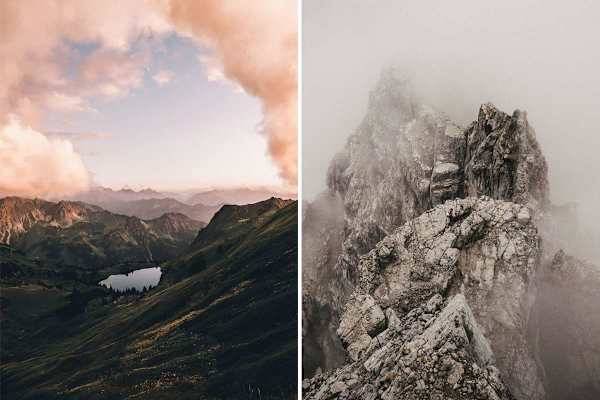 Sonne und Nebel in den Allgäuer Alpen: Links der Blick zum Seealpsee, rechts der Watzmann in den frühen Morgenstunden.