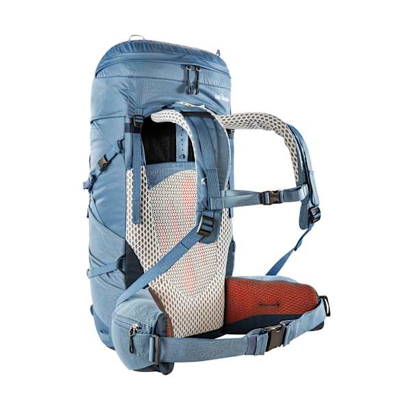Rückseite eines blauen Damen-Tourenrucksack von Tatonka