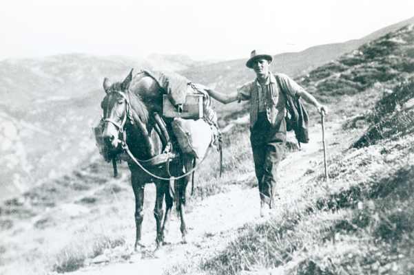 1928: Robert Mathies beim Säumen auf die Stuttgarter Hütte am Arlberg in Tirol