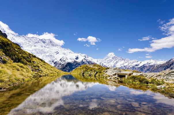 Simon Markhof: „Sealy tarns im Mt. Cook Nationalpark in Neuseeland. Eine wunderbare Location für eine Pause beim anstrengenden Aufstieg zur Müller Hut.“