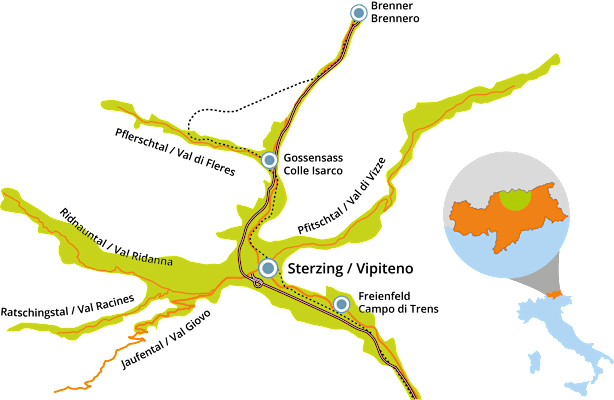 Karte der Ferienregion Sterzing-Ratschings-Gossensass