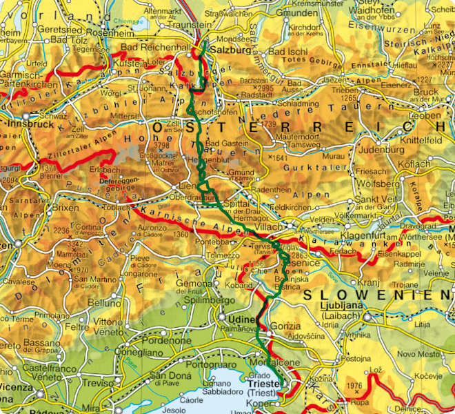 Übersichtskarte Rother Wanderführer „Alpenüberquerung Salzburg - Triest“.