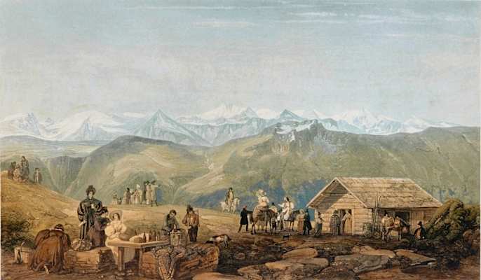 Der Erbauer der Gamskarkogelhütte, Erzherzog Johann, erklärt die umliegenden Gipfel — Sonnblick, Hocharn, Großglockner bis zum Wiesbachhorn (von links)