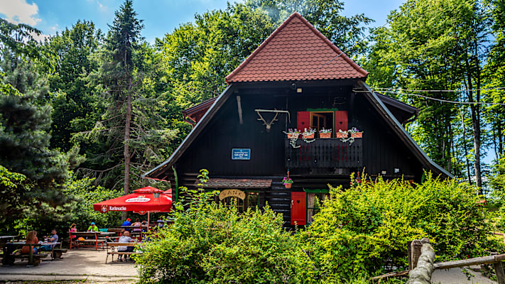 Eine dunkle Holzhütte im Wald, welche als Gasthaus dient und Menschen bedient.