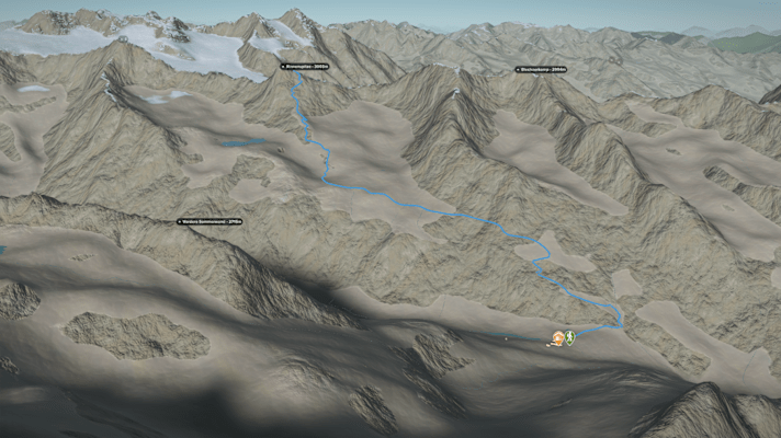 3D-Kartenausschnitt der Wanderung auf die Rinnenspitze.
