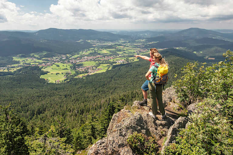 Eine Frau und ein Mann stehen auf einem Hügel und blicken auf die Wälder im Lamer Winkel.