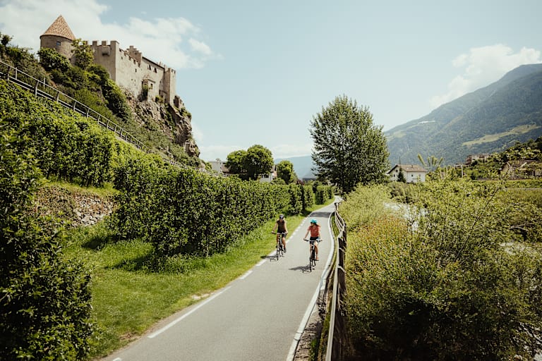 Zwei Frauen fahren mit dem Fahrrad im Frühling durch die grünen Wälder von Südtirol.