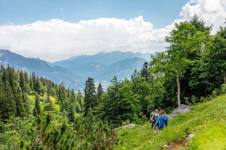 Bergsteiger auf einem Wanderweg im Wald.