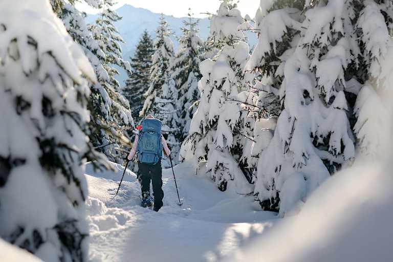 Eine Skitourengeherin unterwegs im verschneiten Winterwald
