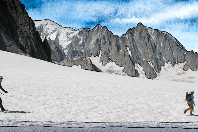 Zwei Personen machen sich auf den Weg in die Berge.