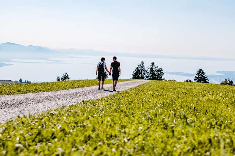 Ein Mann und eine Frau gehen Hand in Hand einen Wanderweg in Scheidegg entlang.