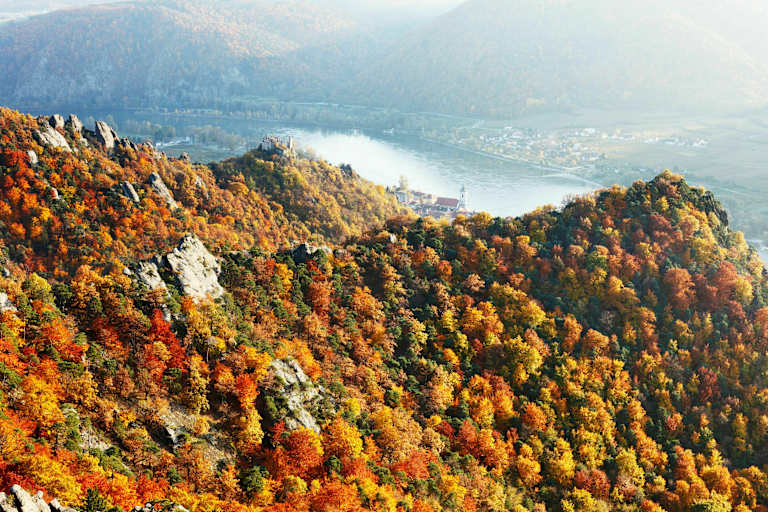 Die Wachau im Herbst: Blick auf die Ruine Dürnstein