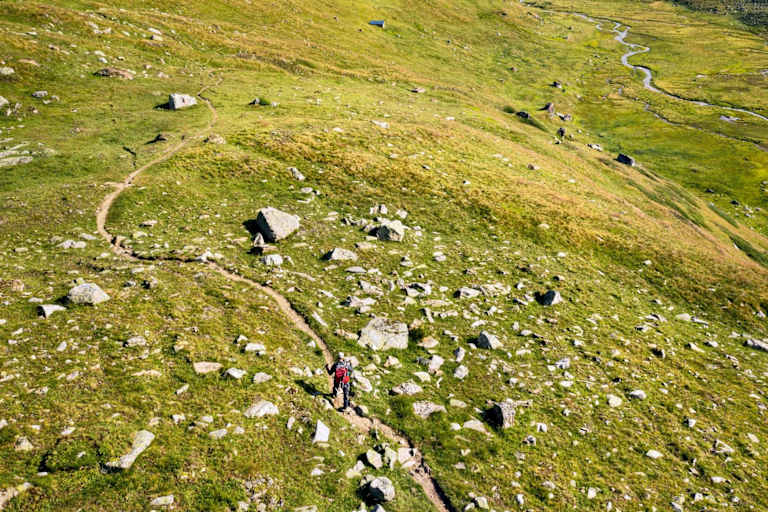 Ein Blick von oben über die grünen Wiesenlandschaften des Plateau von L’Ar du Tsan.