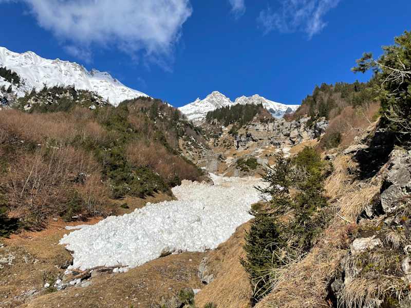 Lawinen können überraschend weit bis in die schneefreie Zone vordringen.