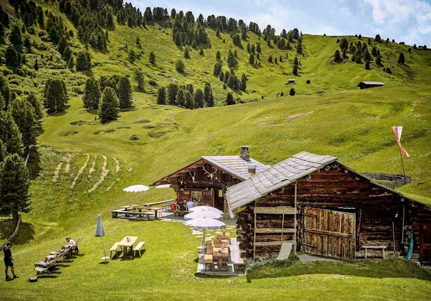 Eine der 20 Almhütten, umgeben von saftigen Almwiesen