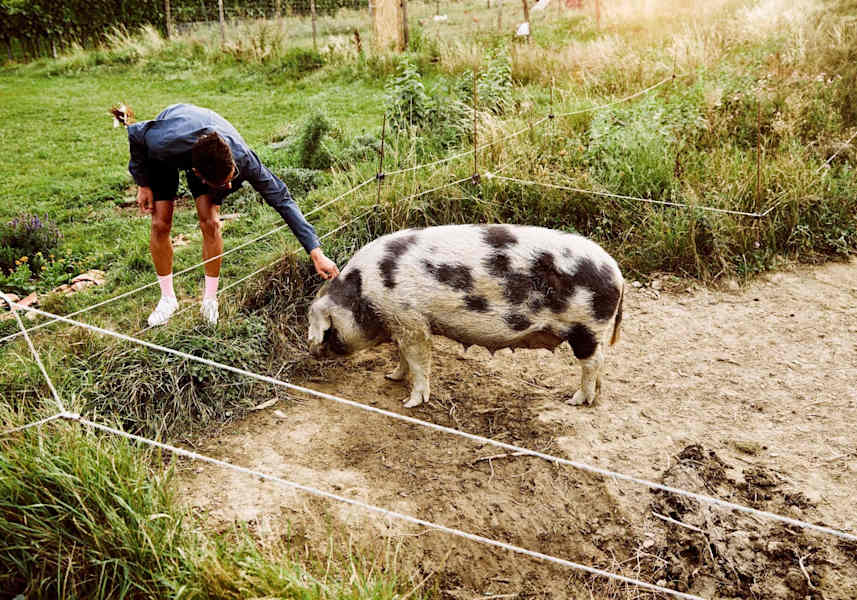 Rennradler Gui streichelt das hauseigene Schwein