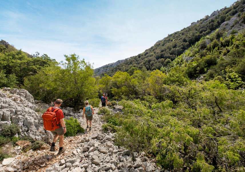 Wanderer durchqueren die steinige Landschaft des Landesinneren