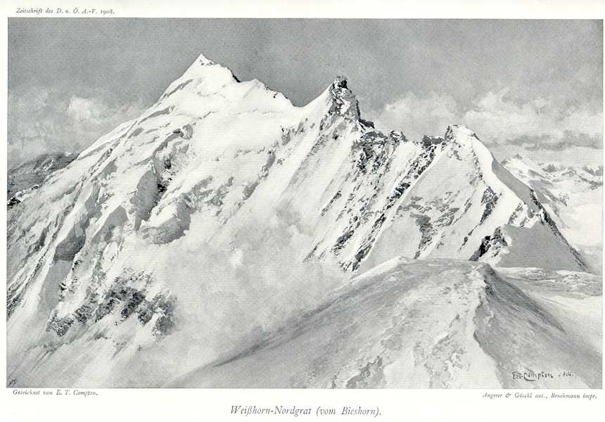 Das Weisshorn (Nordgrat) in einer Zeichnung von E.T. Compton (1908)