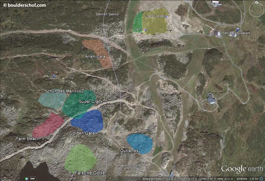 Übersichtskarte Bouldersektoren im Silvapark im Paznaun