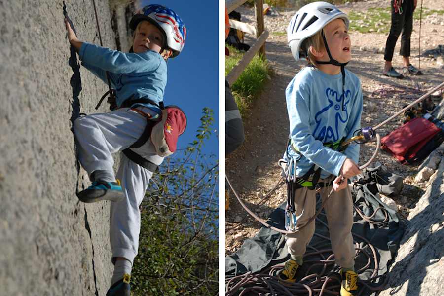 Kinder-Klettern: Kletterpatschen, Klettergurt und Helm