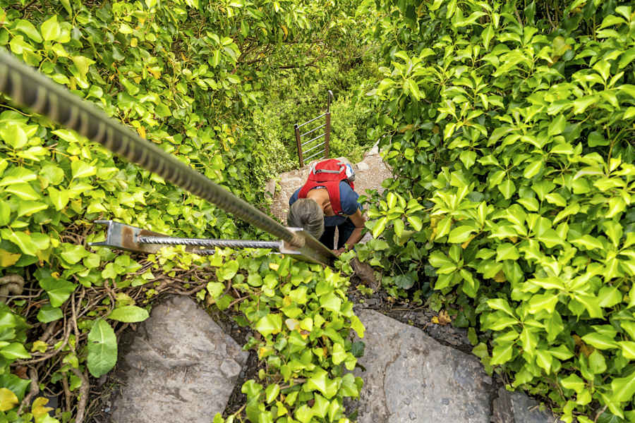 Frau auf einer Leiter am Calmont-Klettersteig
