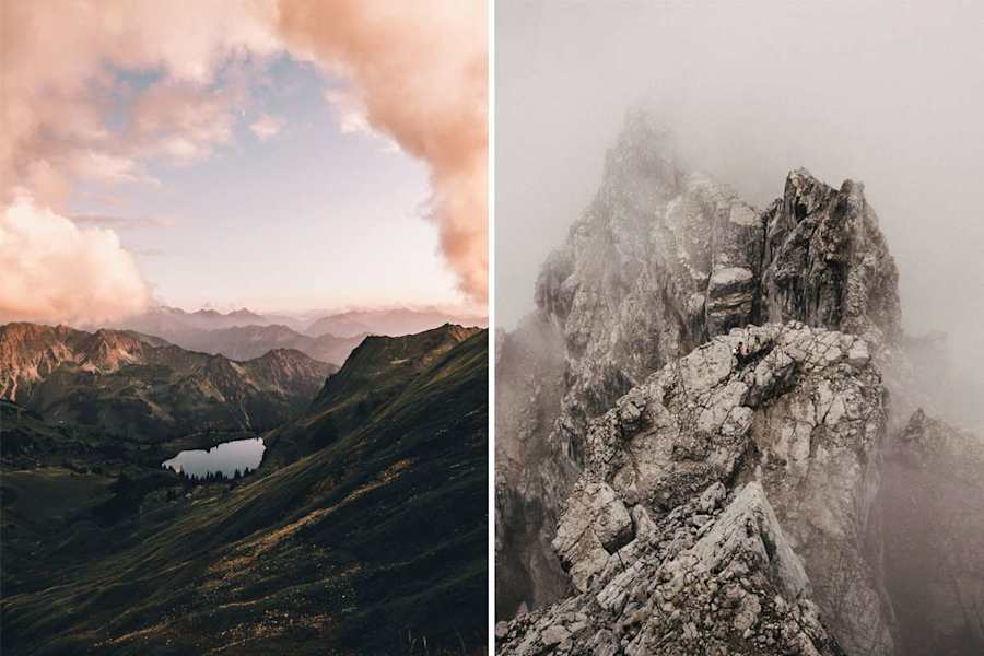 Sonne und Nebel in den Allgäuer Alpen: Links der Blick zum Seealpsee, rechts der Watzmann in den frühen Morgenstunden.