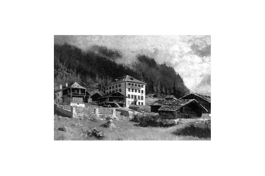 Das Hotel „Monte Rosa“ in Macugnaga im Jahr 1881 (Öl auf Leinwand)