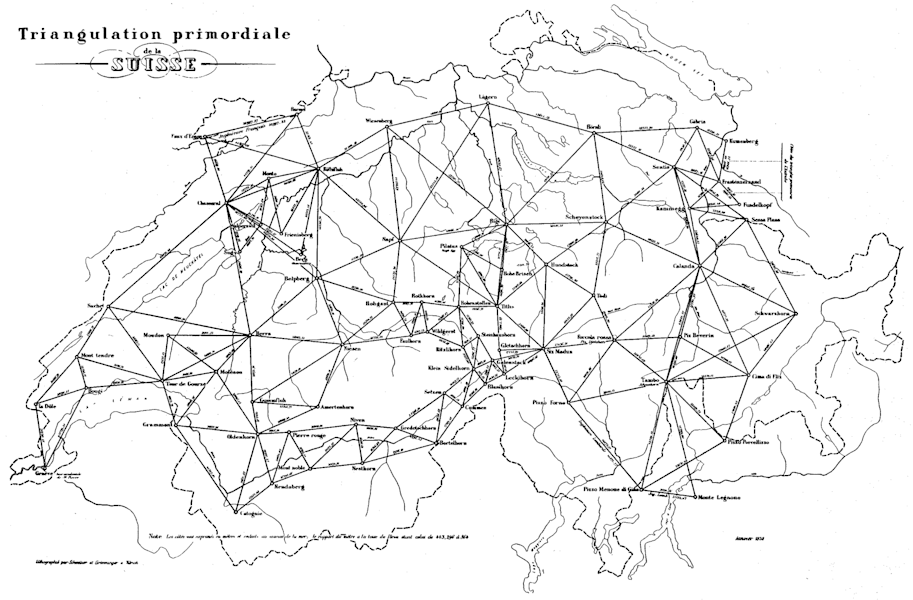 Erste Dreiecksvermessung (Triangulation) der Schweiz (1826–1837). Sie diente der späteern „Dufourkarte“ als Bezugssystem
