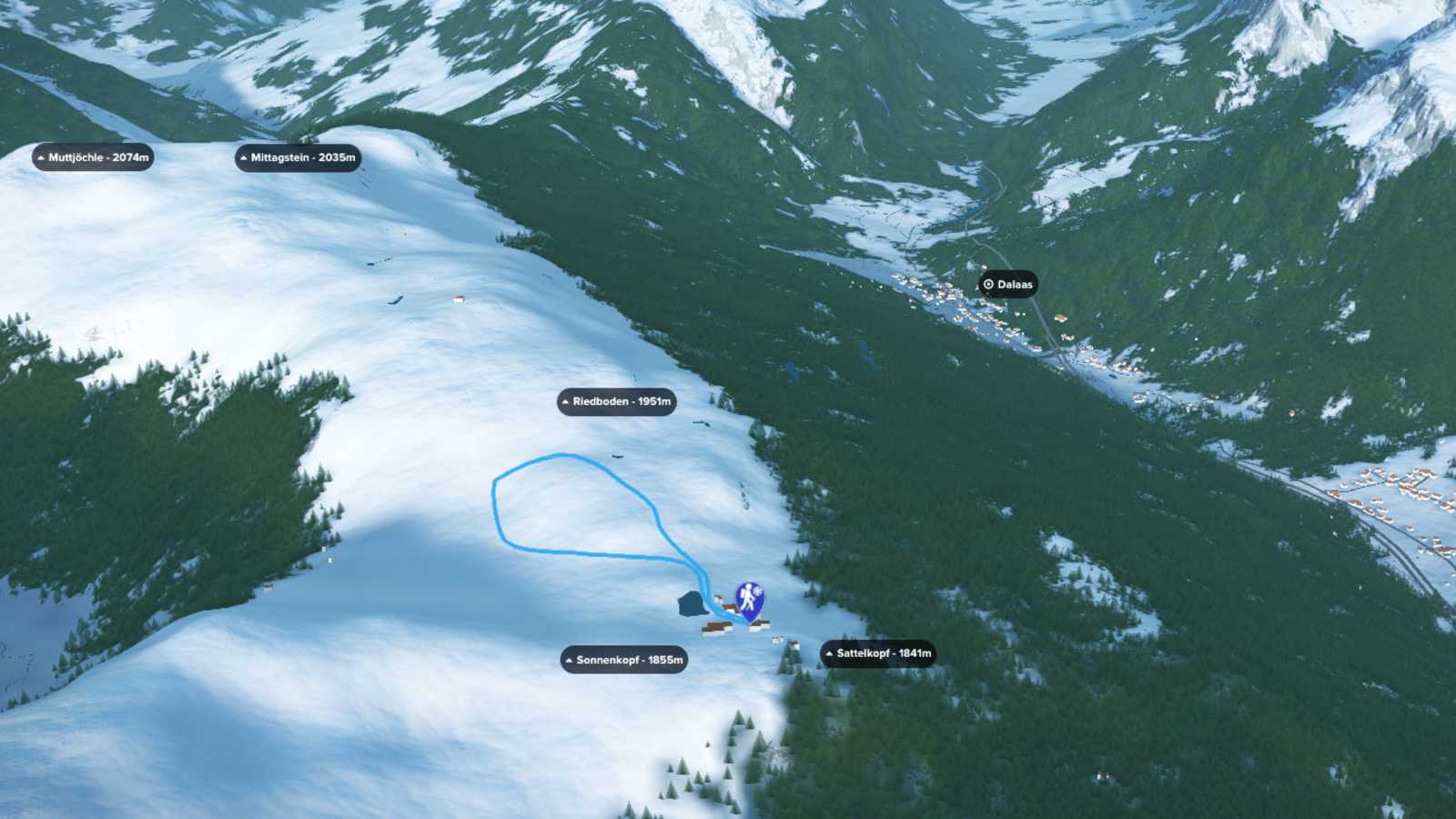 3D-Kartenausschnitt der Winterwanderung am Hochplateau des Sonnenkopfs in Vorarlberg