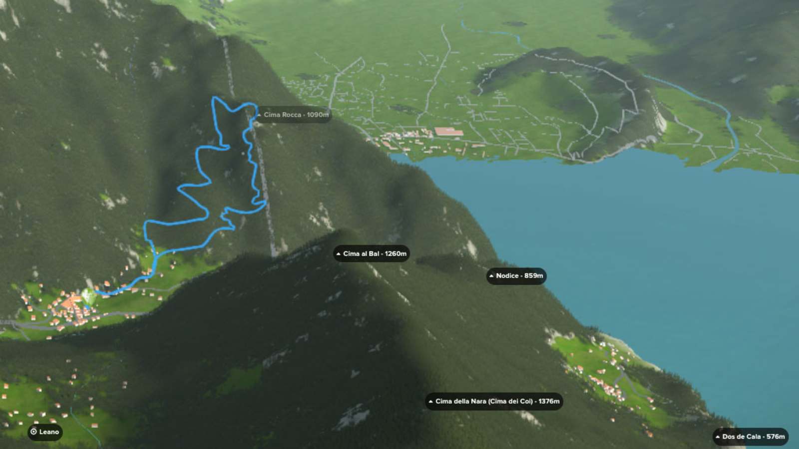 3D-Kartenausschnitt der Tour auf die Cima Rocca in den Gardaseebergen