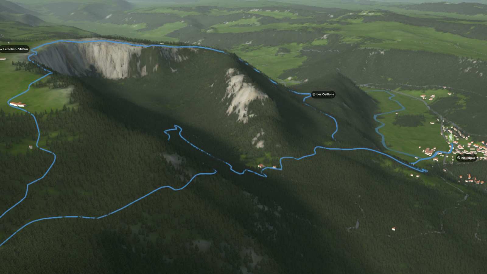 3D-Kartenausschnitt der Rundtour im Val-des-Travers in der Schweiz