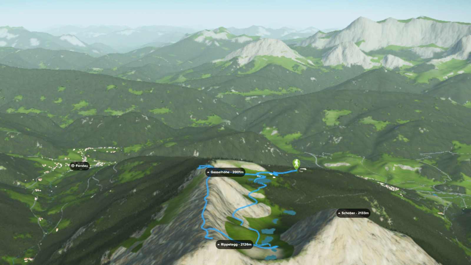 3D-Kartenausschnitt der Wanderung auf die Gasselhöhe an der Grenze der Steiermark zu Salzburg