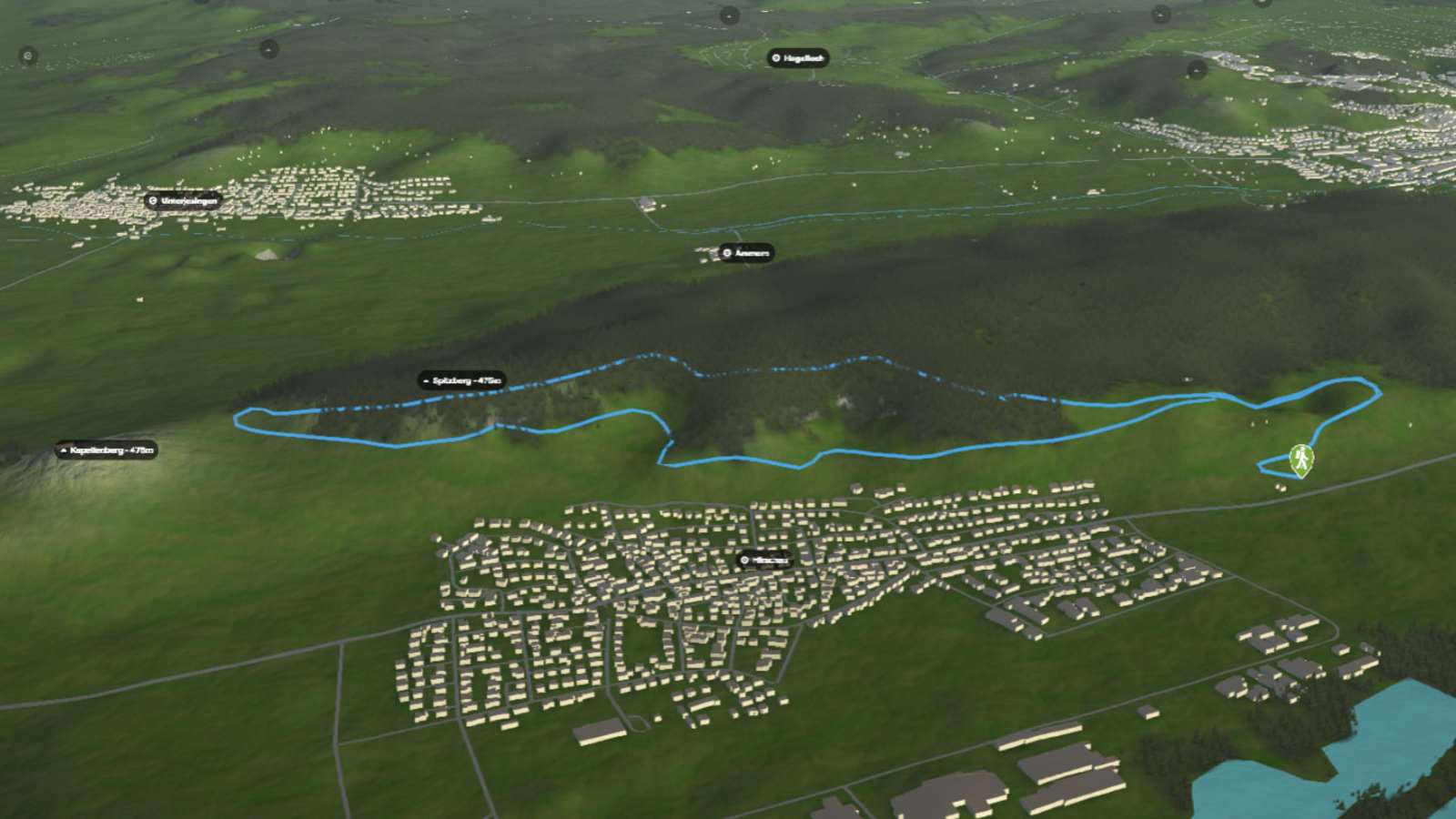 3D-Kartenausschnitt des Hirschauer Spitzbergwegles in Baden-Württemberg